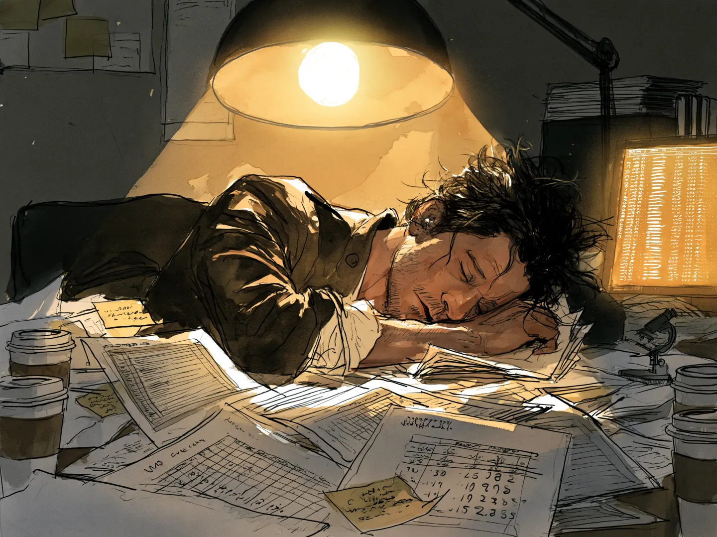 Illustration: a person asleep at a desk under a lamp, buried in printed reports and surrounded by coffee cups.