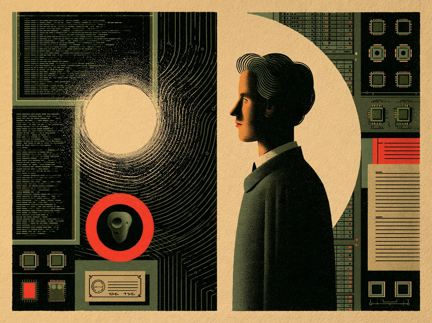 Illustration: a figure in profile facing a wall of circuit boards and dense code, lit by a glowing disc.