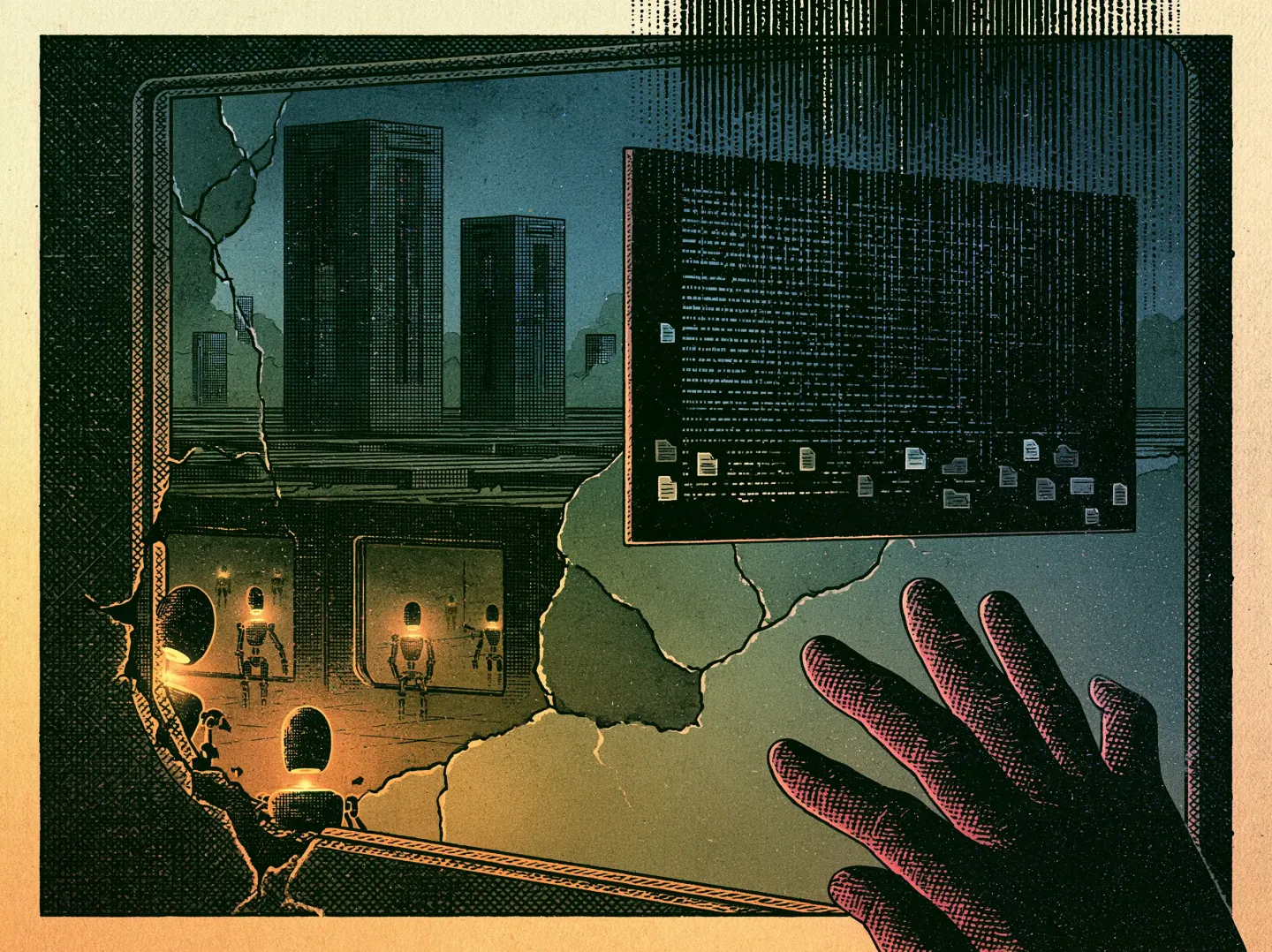 Illustration: a hand reaching through a cracked screen showing a city skyline and streams of code, small robots at work below.